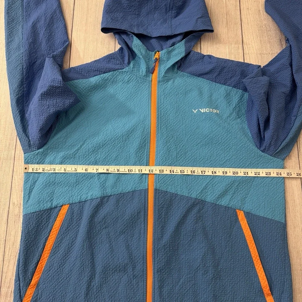 Victor Seersucker Hooded Windbreaker Jacket Blue Orange Lightweight Men XL